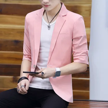 

Korean Version Slim Handsome Seven-point Sleeves Suit Jacket Solid Color Veste Homme Costume