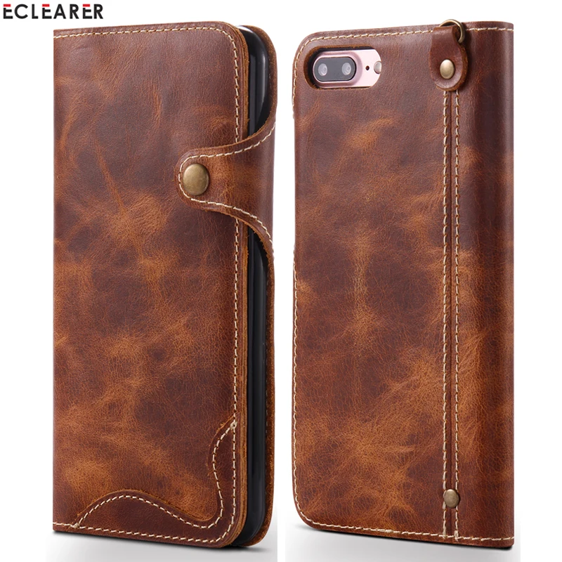 

Durable Genuine Leather Wallet Case For iPhone 8 7/ 8 7 Plus Retro Magnet Button Book Flip Case Cover For iPhone 6s 6 Plus Case