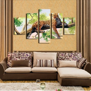 

5 Panels Dark Red Leopard On The Tree HD Canvas Print Painting For Modern Home Decorations Wall Art Picture Artwork Unframed