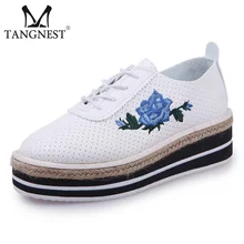Tangnest NOUVEAU 2017 Automne Plate-Forme Des Femmes Appartements De Mode Fleur Imprimé Plates-Formes Chaussures Respirant Cut-out Pu Chaussures En Cuir XWD5948