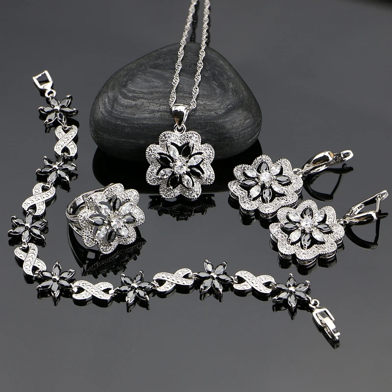 Цветок черный с кубическим цирконием 925 пробы серебряные Ювелирные наборы для женщин вечерние серьги/кулон/ожерелье/Кольцо/браслет