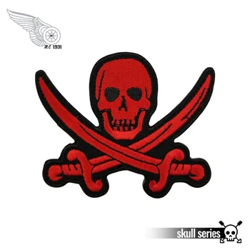 

Red Pirate Sword Skull Vest Rider Embroidered Iron On Front Biker Patch Black twill fabric Free Shipping DIY Eco-Friendly