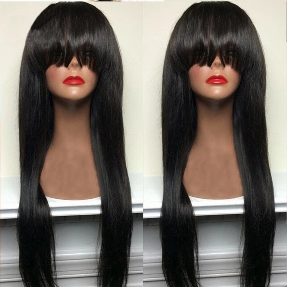 

360 Lace Frontal Wig 150% Density Bangs Natural Color Fringe 360 Lace Wigs Malaysian 100% Human Hair For Women