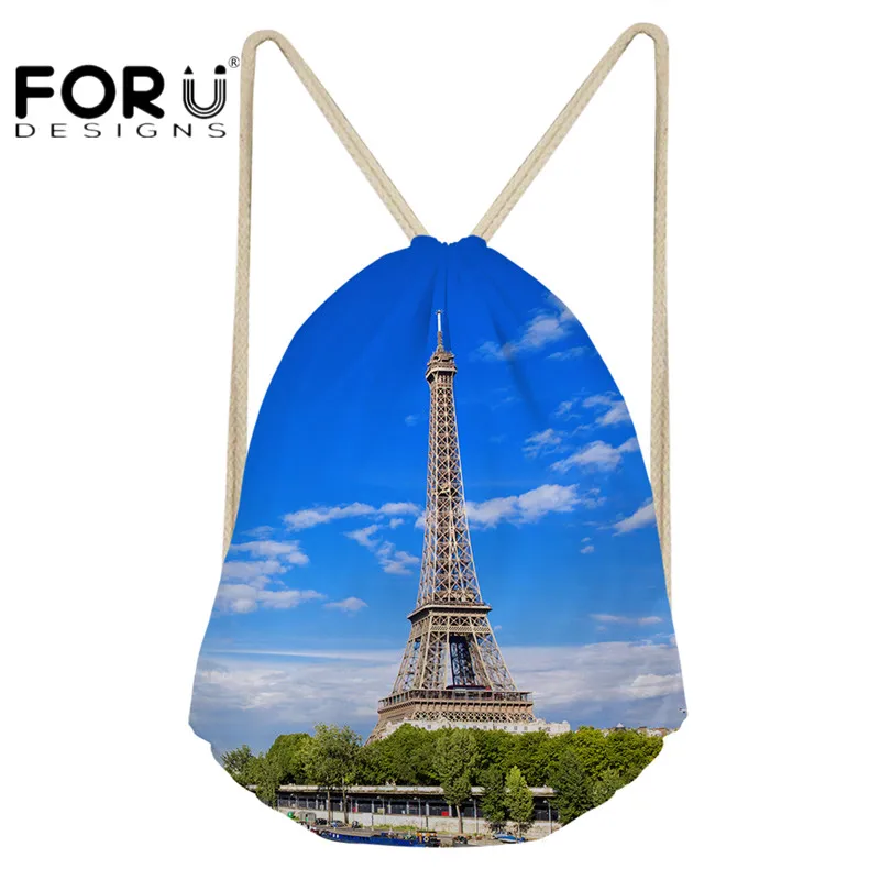 

FORUDESIGNS Stylish Women Drawstring Bags Eiffel Tower Pattern Outside Backpack for Female Travel Small Shopping Bagpack Packs
