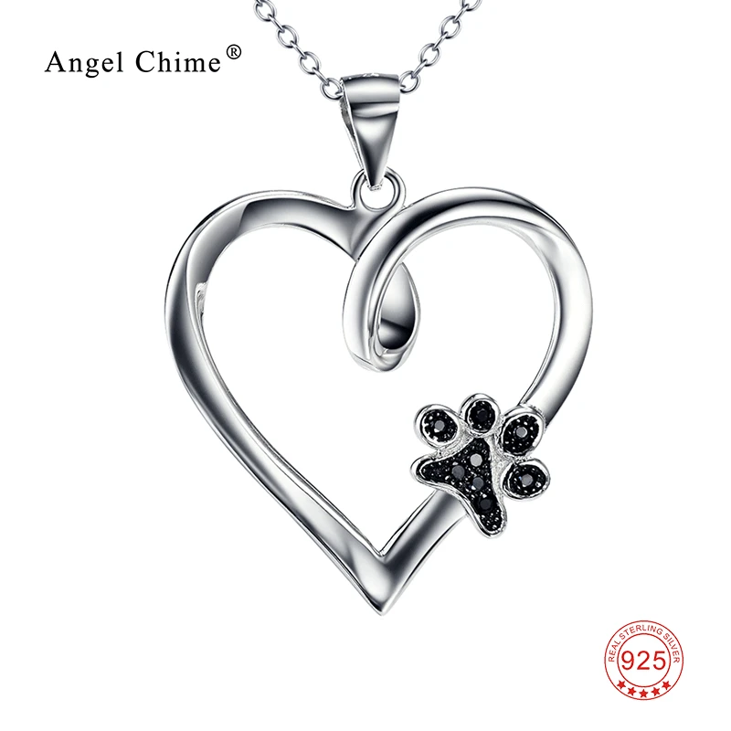 

925 Sterling Silver Heart Pendant Choker Necklaces With Black Cubic Zirconia Dog Paw Collier Kolye Jewelry Gift For Women