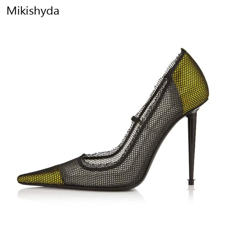 

2019 Spring/autum Mesh Fluorescent Yellow Sandal Chaussure Sexy Femme Matching Set Shoe And Bag Stiletto Point Toes Party Pumps