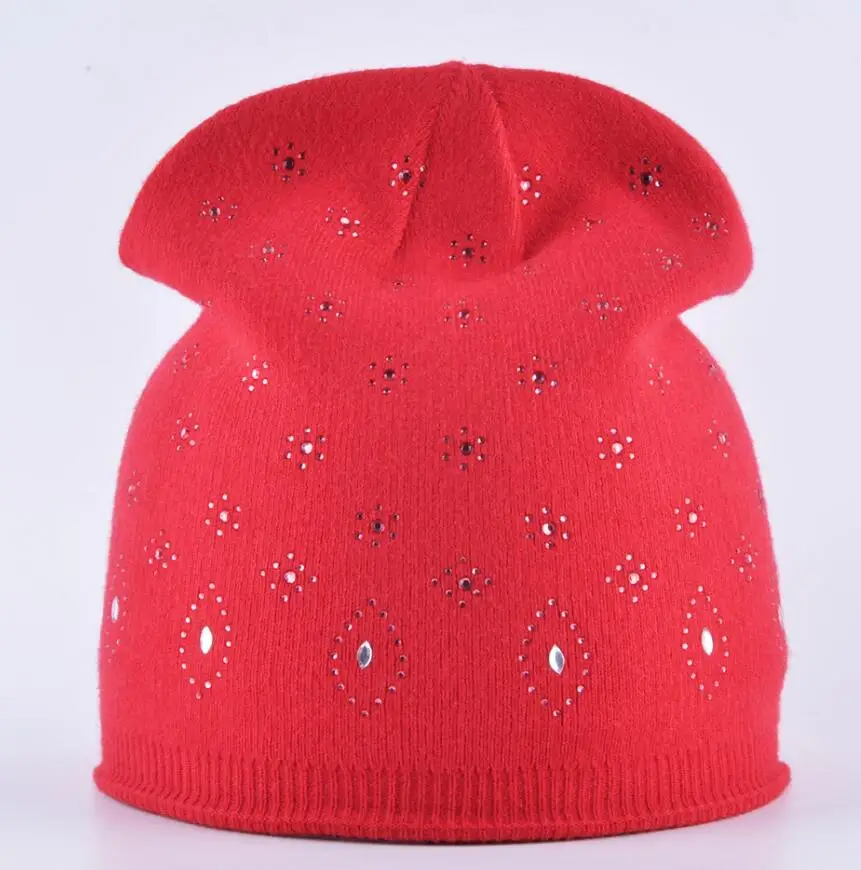 Осень и зима шапочки Модные женские со стразами вязаный шерсть кролика шапка Вязание монохромный для дамы шляпа женская зимняя - Цвет: Red