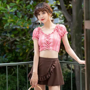 

Saida De Praia Female 2019 Retro Swimsuit Womens Swim Wear Swimwear Women Push Up Skirt Grid Web Celebrity New Ins Three Piece