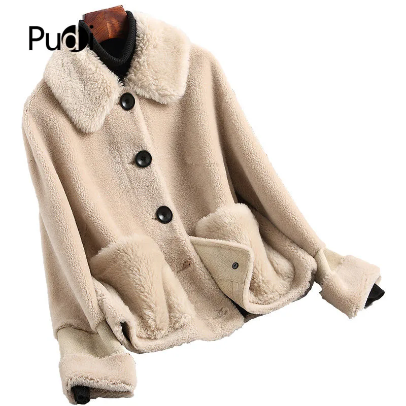 

PUDI A19004 2019 Women new fashion real wool shearing jacket lady short style leisure Fall/Winter wool coat
