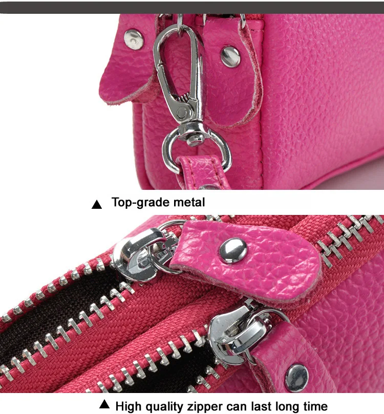 Genuine Leather Women Coin Purse Double Zipper Mobile Bag Lady Clutch Wristlet Bags, easy for carry clutches, Wholesale