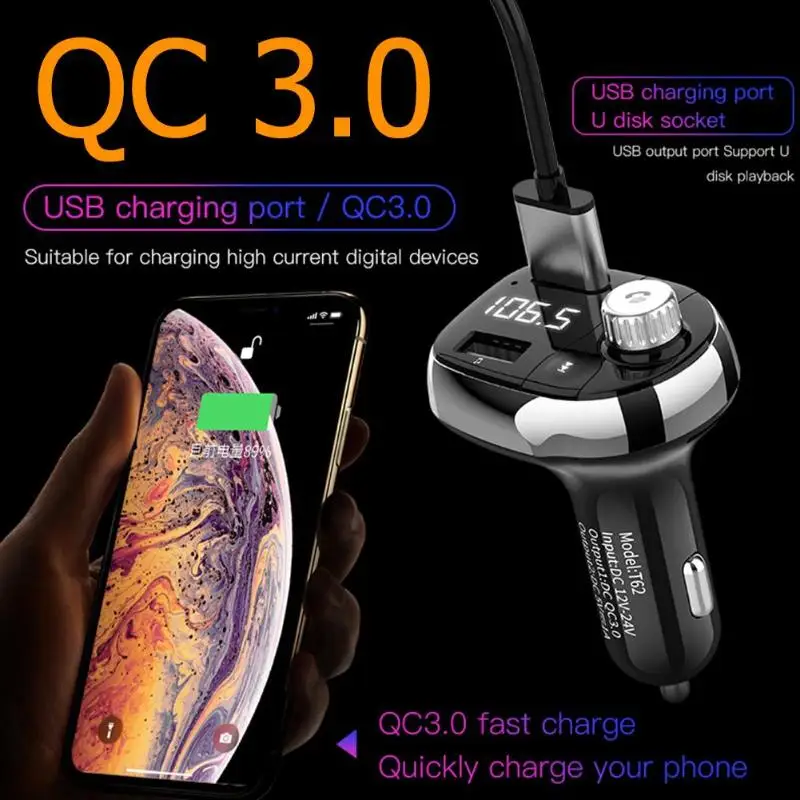 T62 Bluetooth fm-передатчик Handsfree автомобильный комплект MP3-плеер QC3.0 USB зарядное устройство