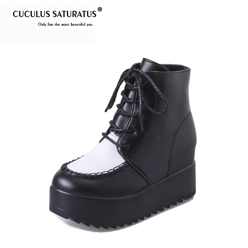 

Cuculus Women Ankle Boots High Heels Platform PU Leather Botas Mujer Height Increasing Lace up Shoes Woman Black Size 35-39 1429
