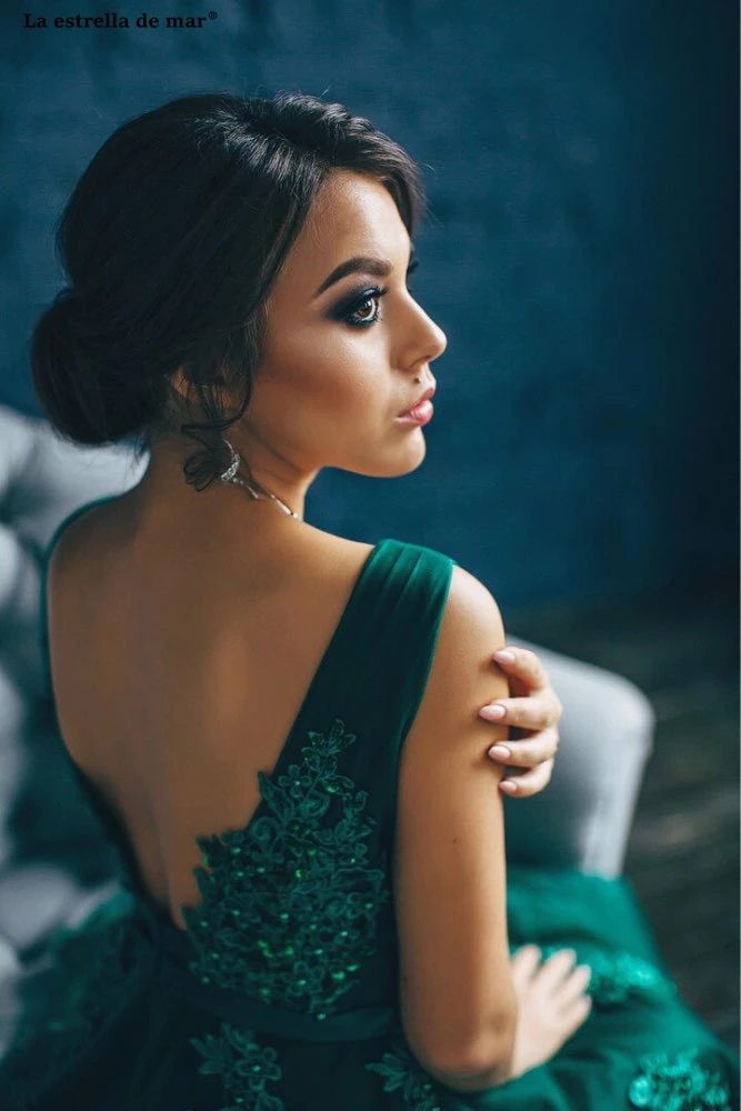 Vestido verde esmeralda 2021 Новый тюль с бисером сексуальный V образный вырез трапециевидная