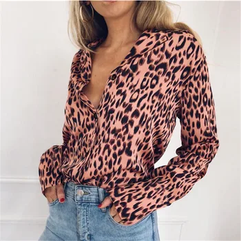 

3xl Plus Size Sexy Leopard Printed Shirt Women Long Sleeve Loose Dames Tops V Neck Elegant Blouse Chemise Femme