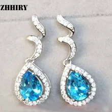 Zhhiry Природный Голубой топаз серьги Подлинная твердых стерлингового серебра 925 Gem Серьги Для женщин камень Ювелирные украшения камень