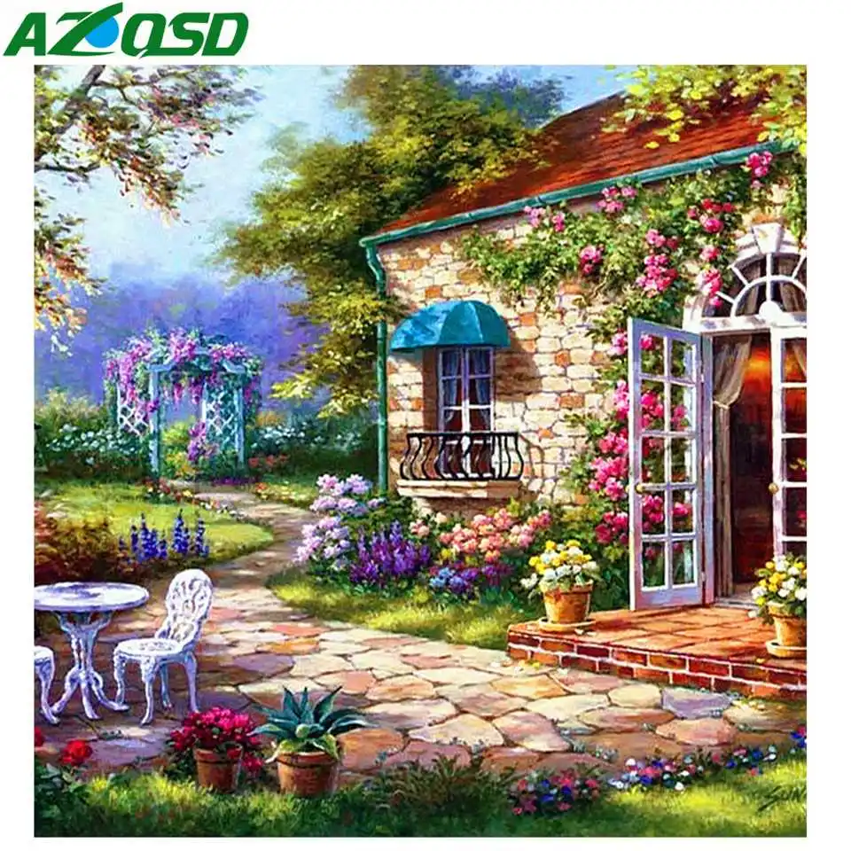 

AZQSD Diamond Painting Scenery House Diamond Embroidery Landscape Picture Of Rhinestones Diamond Mosaic Full Layout Home Decor