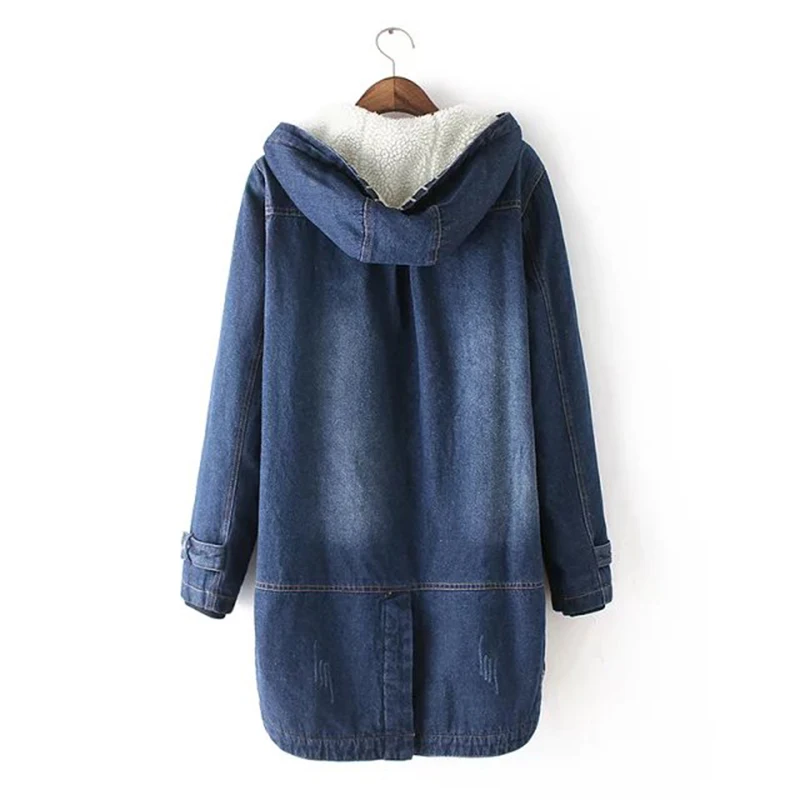 wonderful  2018 New Winter Women Lamb Fur Parka Coat Warm Hooded Fur Denim Jacket Big Size Casual JeanCoat Fem