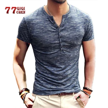 

Men Henley T Shirt 2020 Casual Summer Tee Tops Short Sleeve Stylish Slim Fit T-shirt Button up V Neck Casual men T shirts