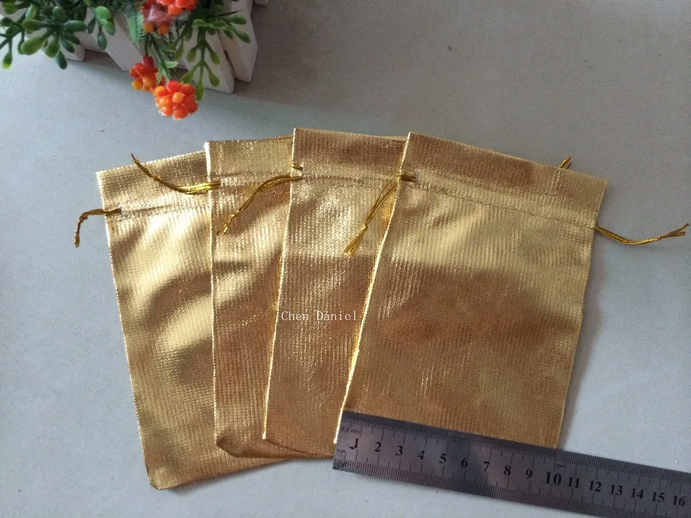 100 pcs 10x15cm Gold Plated Satin Gift Bags With Drawstring jewelry gift Pouch bagsin Gift Bags