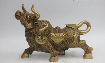 

China Bronze Copper Cloisonne Enamel Lucky wealth Ruyi OX Oxen Bull toro Statue