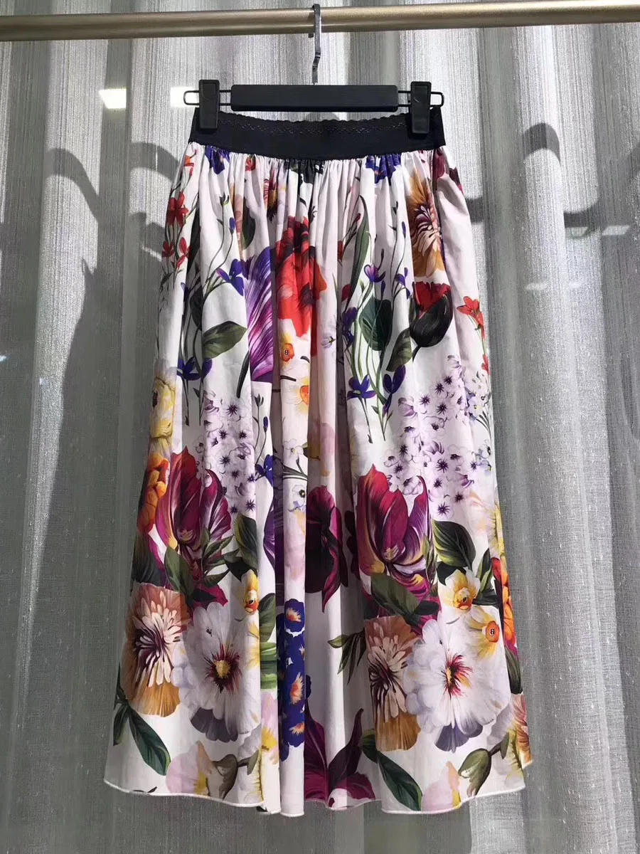 

Elegant Floral Skirts For Women 2019 Spring Summer European Italy Fashion Style Elastic Waist Dailywear Cotton Skirt