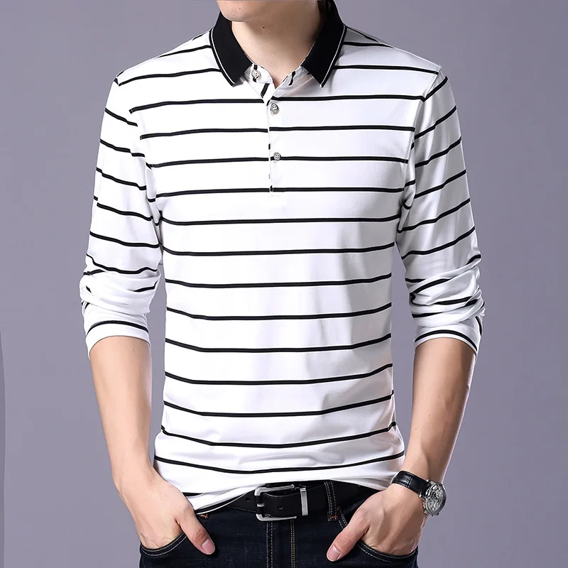 Полосатая Мужская рубашка поло, весна, 95% хлопок, Мужская рубашка поло, мужская повседневная рубашка с длинным рукавом, Мужская рубашка поло с отложным воротником, 3XL - Цвет: White