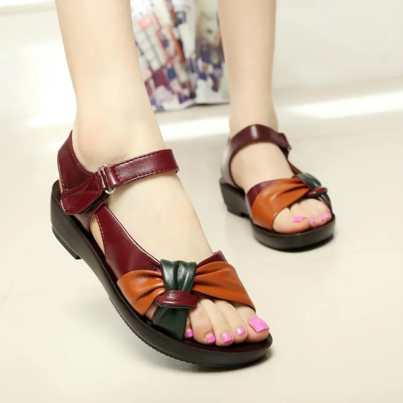 

Fashion Women's Summer Leather Knot Sandals Low Heel slope-heeled soft-soled Contrast Color Comfort Women Shoes Big Size