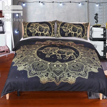 

3Pcs/Set Gold Line Elephant Printed Black Comforter Bedding Sets King Twin Size Luxury Mandala Bed Cover Duvet Cover