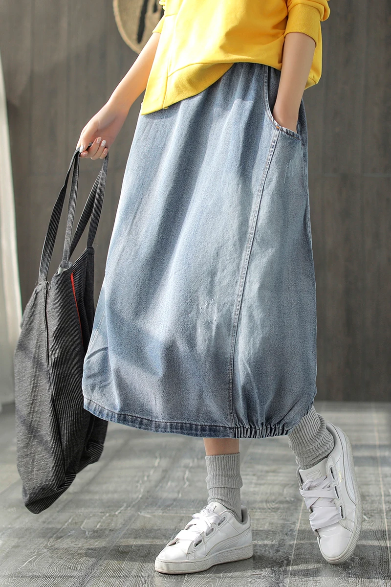 Spring Autumn Skirt Fashion Women Large size Denim skirt New Ladies Elastic Waist pocket Bleached Mori girl Casual Loose skirt