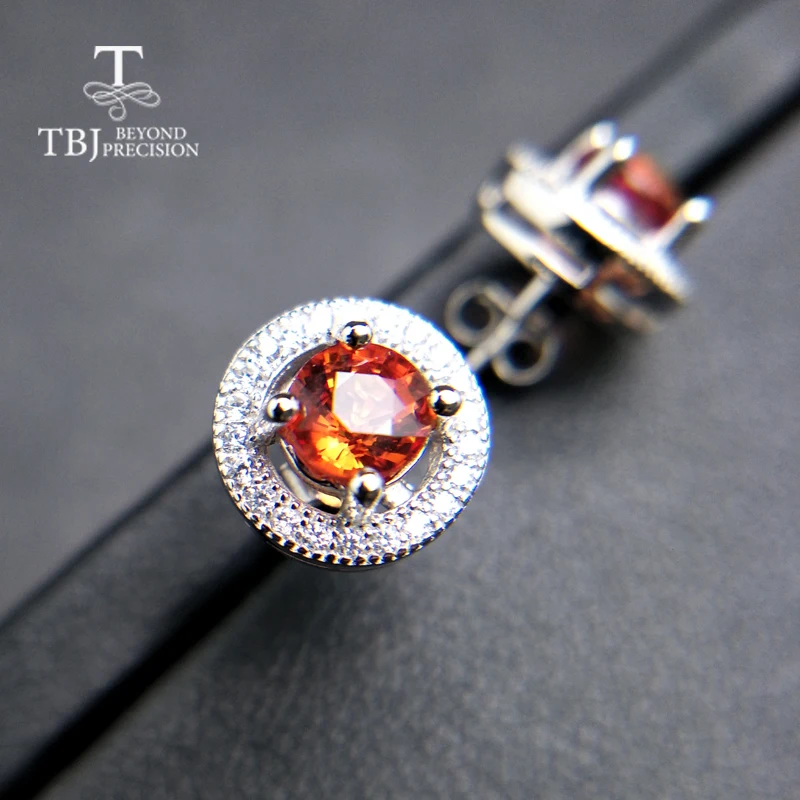 TBJ, простые круглые серьги с натуральным orange красный сапфировые серьги 925 серебро ювелирных камней для женщин с подарочной коробке