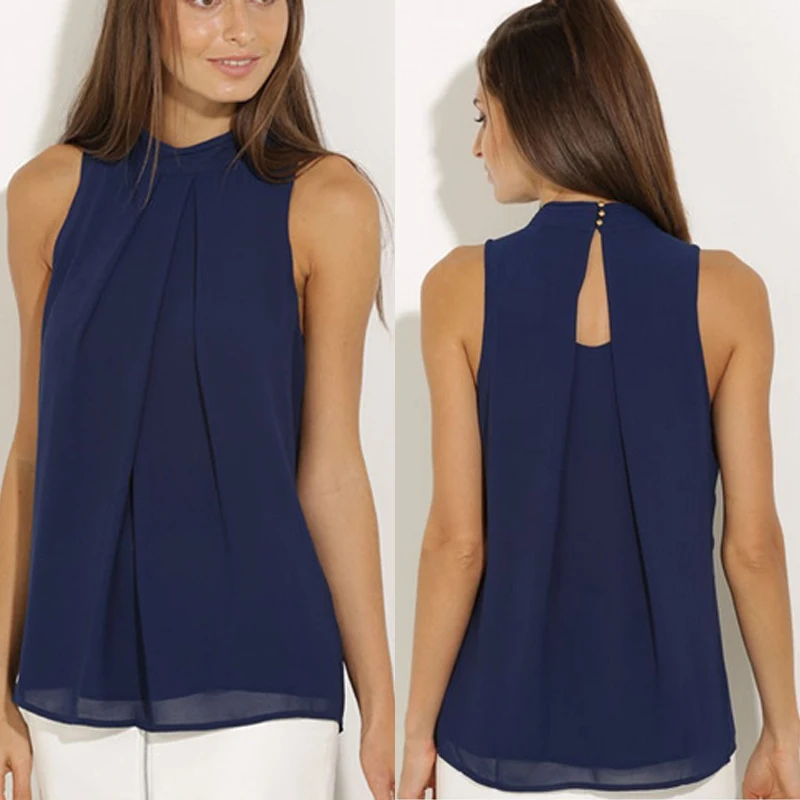 

Women Chiffon Sleeveless Blouse Beach Summer Back Hollow Tops Elegant Pleated Blusas Femme Plus Size Shirts