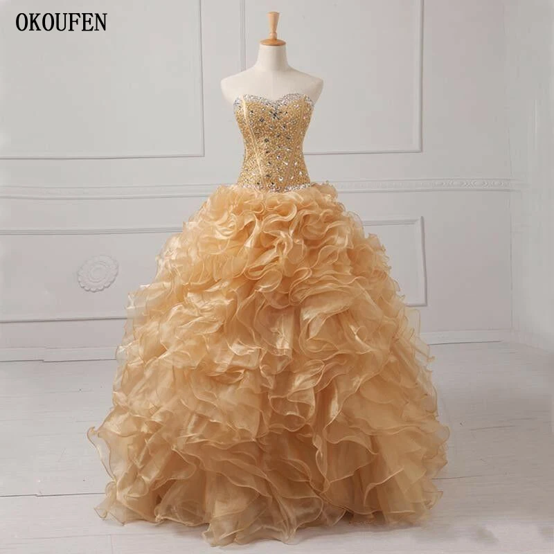 Бальное платье Золотое пышное платье Многоуровневая Съемная юбка с кристаллами милые 16 платья vestido de 15 anos robe de bal doce