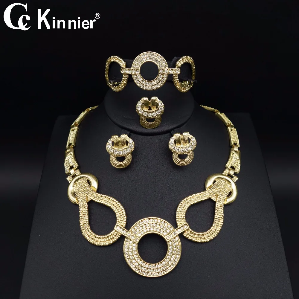 

New Dubai gold-color African Unique bead Fashion Bridal crystal wedding jewelry sets Ring exaggerated Necklace Bangle Earring