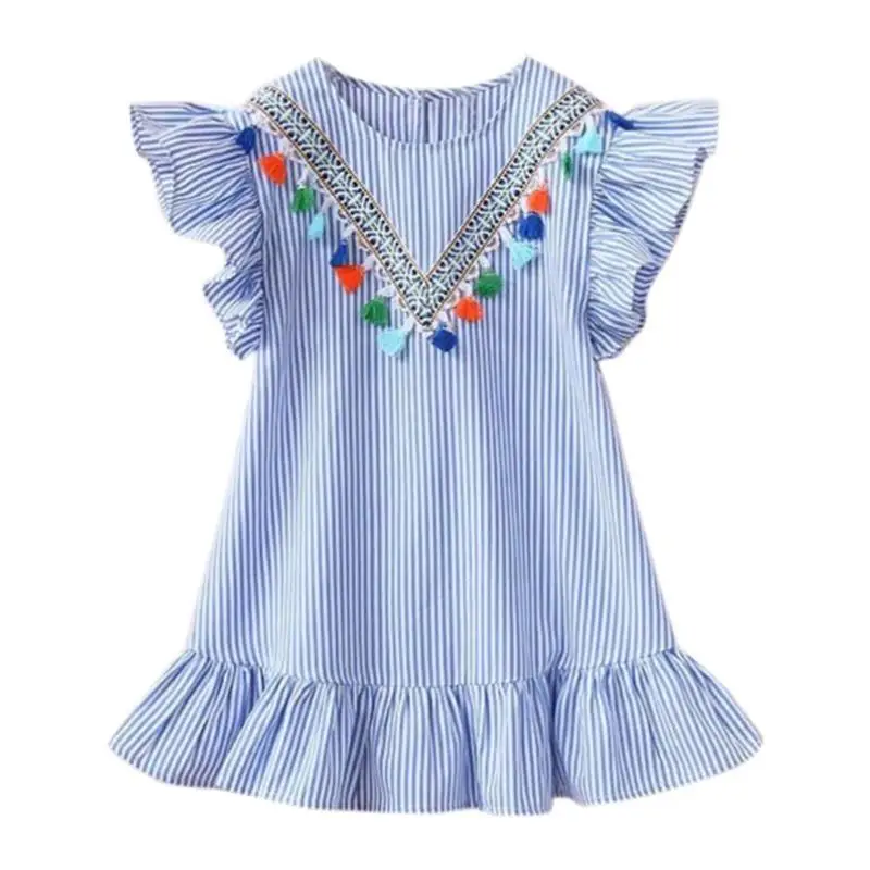 Летние платья с кисточками и рукавами-крылышками для девочек, милое детское праздничное платье принцессы в полоску для девочек, топы, одежда - Цвет: Blue