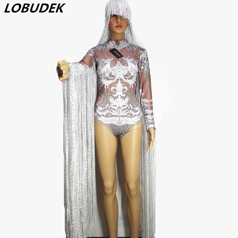 Female Jumpsuit Crystals Fringe Tassels Sleeve Stones Bodysuit For Singer Dancer Nightclub Stage Party