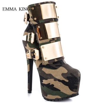 

Spring Autumn Shiny Metal Buckle Strap Camouflage Ankle Boots High Platform Women Shoes Mixed Colors High Heels Botines Mujer