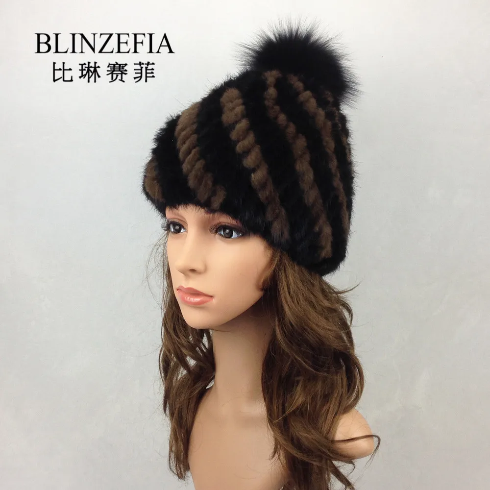 

BLINZEFIA Knitted Real Mink Fur Winter Hats for Women Russian Pineapple Genuine Fox Fur Pompom Beanies Cap Czapka Zimowa BZ6002