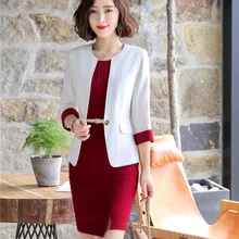 Модный белый блейзер для женщин, деловые костюмы, платье и куртка, комплект для работы, Женская Офисная форма, стиль, половина рукава