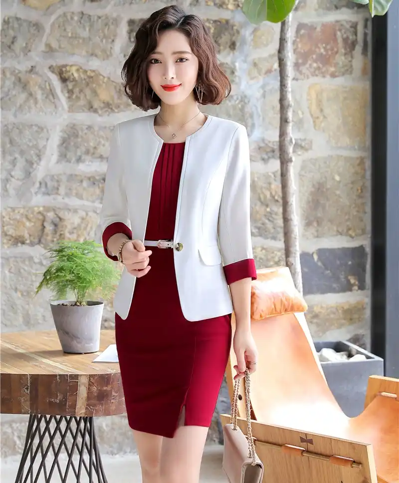 red dress white blazer
