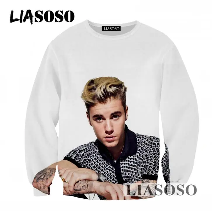 LIASOSO Hot Sale Men Women Loose Long Sleeves Sweatshirt 3D Print Singer Justin Bieber Pullovers Tracksuit Newest Clothing T746