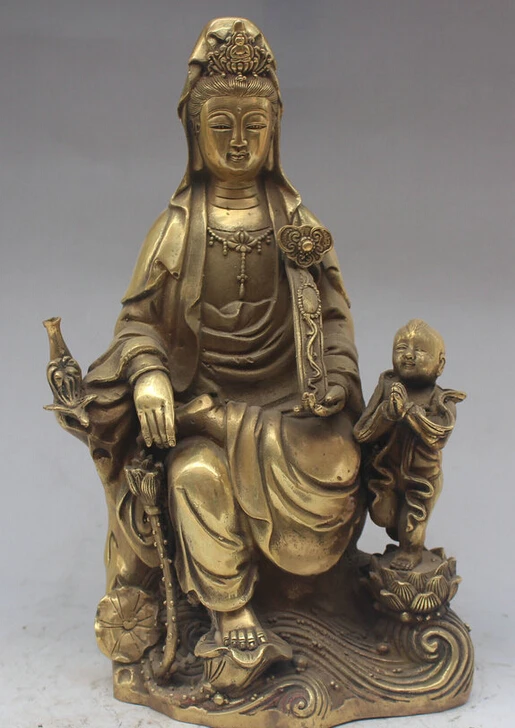song voge gem S5937 12" China Brass Ru Yi Kwan yin Guan Yin Boddhisattva Goddess Tong Zi Boy