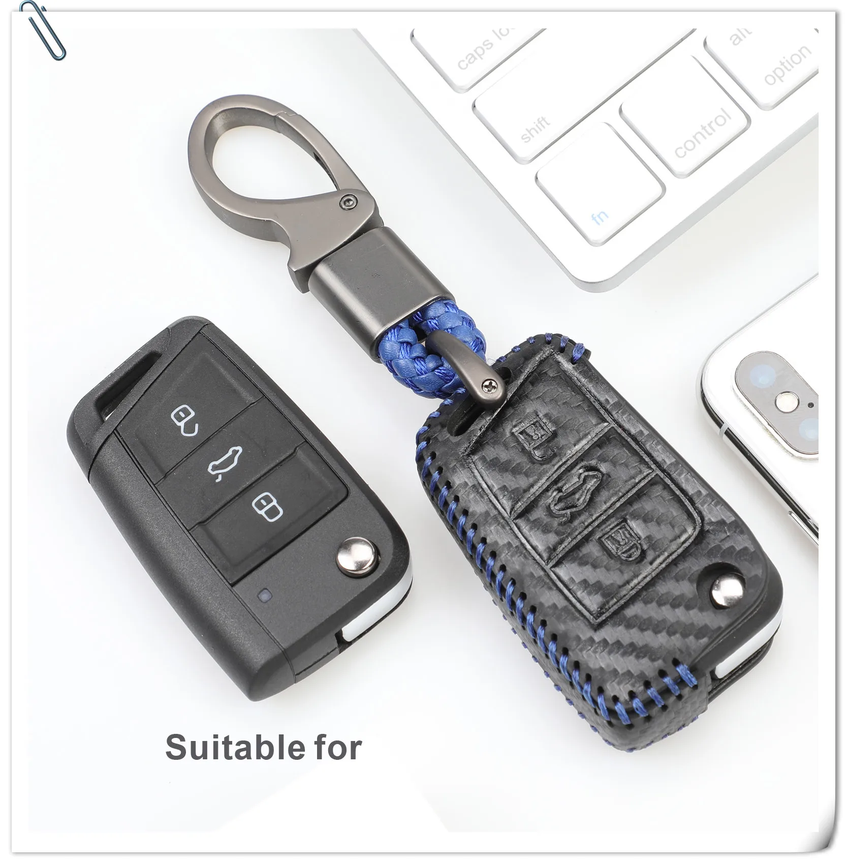 Keyforkess custodia in pelle stile chiave in carbonio per Polo Golf 7 Tiguan Skoda Octavia Karoq SEAT Ateca Leon Ibiza 2015-2019 - HTB1adjuXbj1gK0jSZFuq6ArHpXai