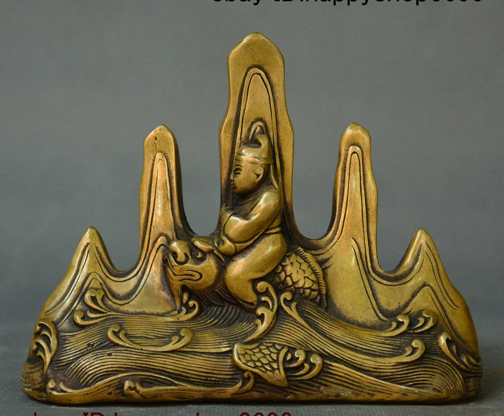 

Chinese Pure Bronze Mammon God Ride Dragon Fish Statue Pen Rack Penholder Statue