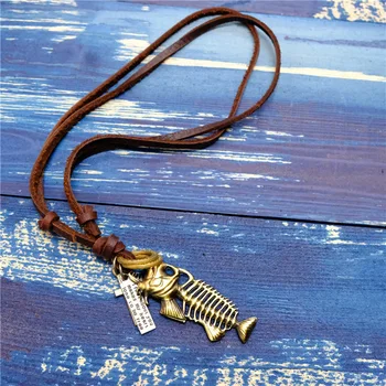 

NIUYITID Fish Bone Pendant Necklace For Women Men Genuine Leather Necklace Boy Gift 2018 Fashion Jewellery Drop Shipping