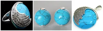 

free shipping Vintage Blue fine stone 925 Sterling Silver Marcasite Ring (#7-10) pendant and earrings sets 04