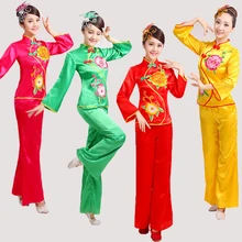 Новые женские танцевальные костюмы Yangko с вышивкой пиона, красное \ зеленое, с длинным рукавом, с вентилятором, с поясом, для средних лет, Национальная площадь