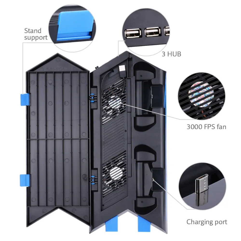 Vertical Stand &Cooling Fan,Game Holder Dual Charging Station with USB HUB & DiscStorage Manager for PS4 DualShock 4 Controllers