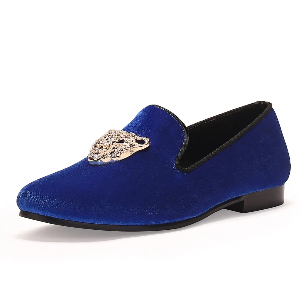 Animal Buckle Men Classic Wedding Shoes Blue Velvet Loafers Diamond Dress Shoes Red Bottom Sole Free