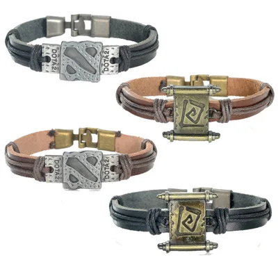 

DOTA 2 Logo Scroll Design Retro Hand Made Leather Bracelet Punk PU Bangle For Men And Woman Charm Jewelry Pulseiras Fans Gift