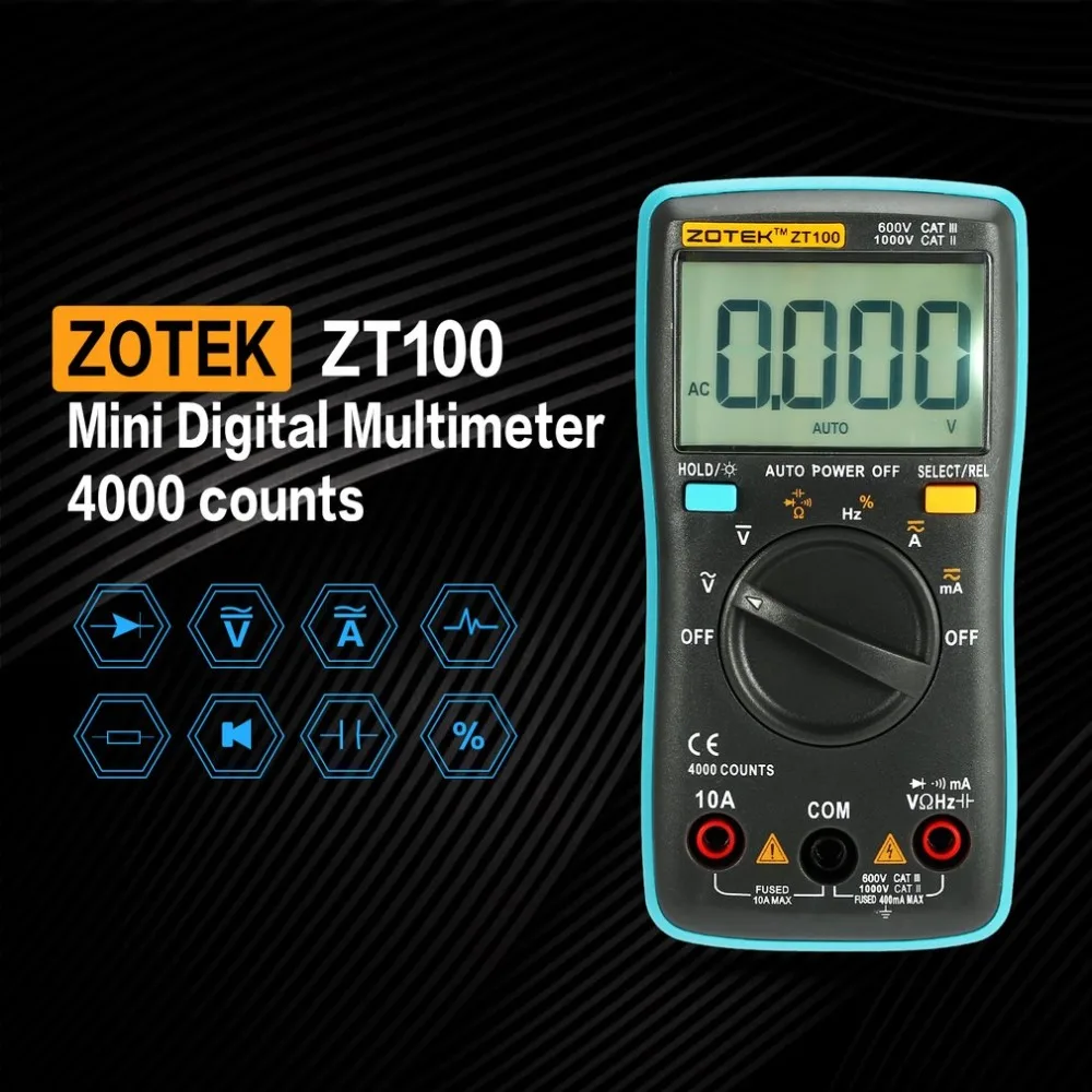 ZOTEK ZT100 Мини автоматический Диапазон Цифровой мультиметр 4000 отсчетов AC DC Амперметр Вольтметр 550 в защита от перегрузки ЖК-подсветка